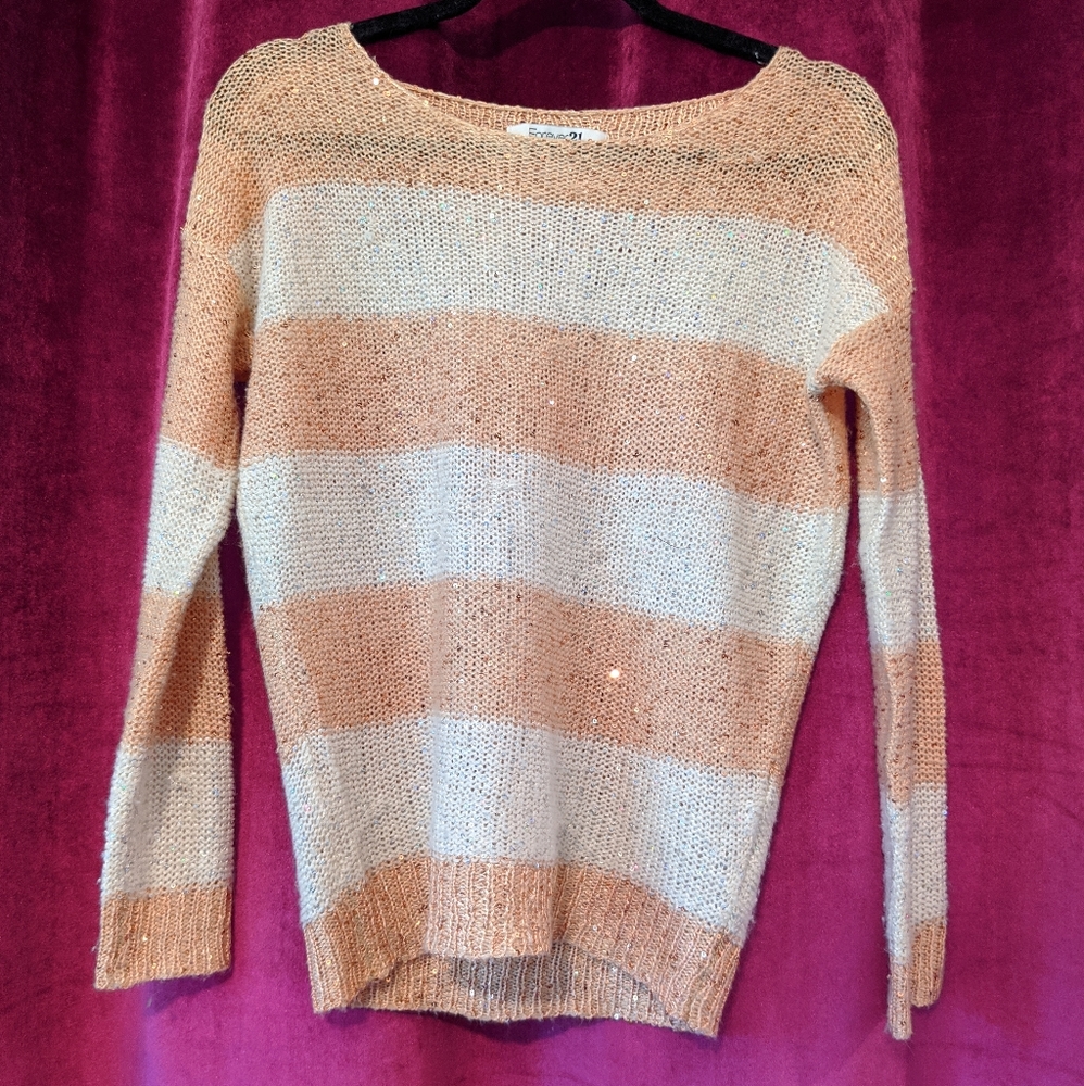 Pink and white stripe raglan sweater with sequins